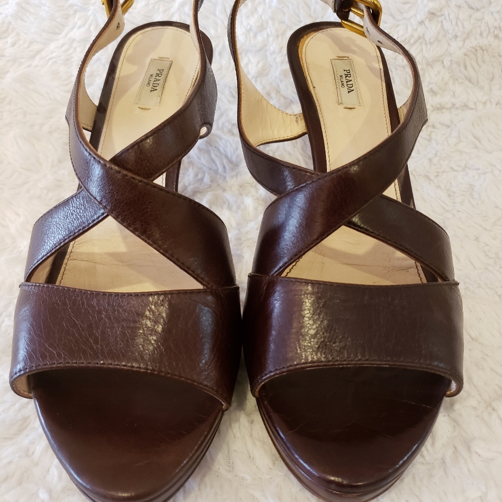 PRADA Brown Leather Criss Cross Peep Toe Slingback - Picture 5 of 11
